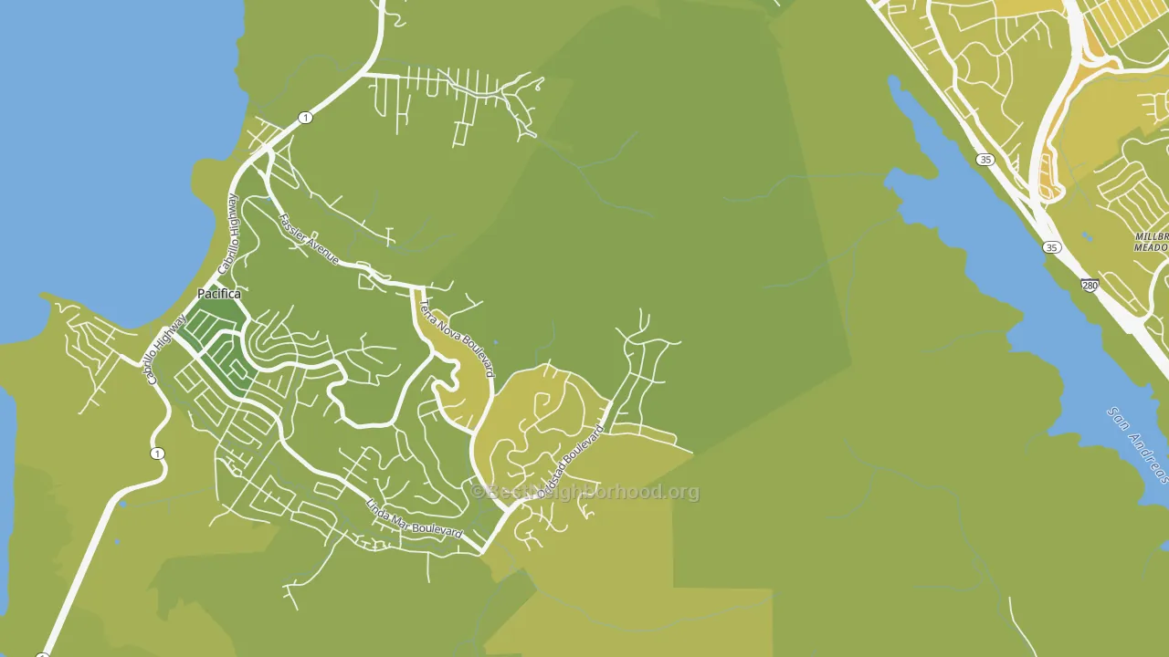 Map of the best neighborhoods in the Millbrae Meadows area, with better matches in green and worse matches in red
