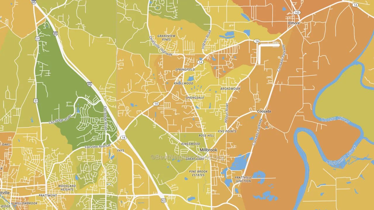 Map of the best neighborhoods in the Millbrook area, with better matches in green and worse matches in red