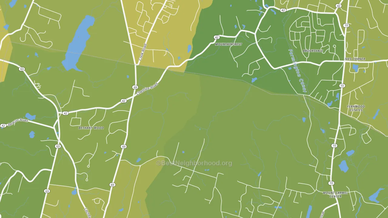 Map of the best neighborhoods in the Millbrook area, with better matches in green and worse matches in red