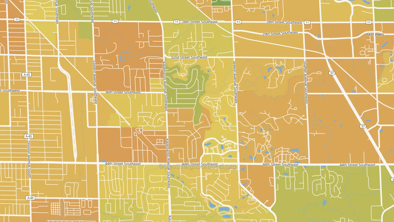 Map of the best neighborhoods in the Millbrook, Grand Rapids area, with better matches in green and worse matches in red