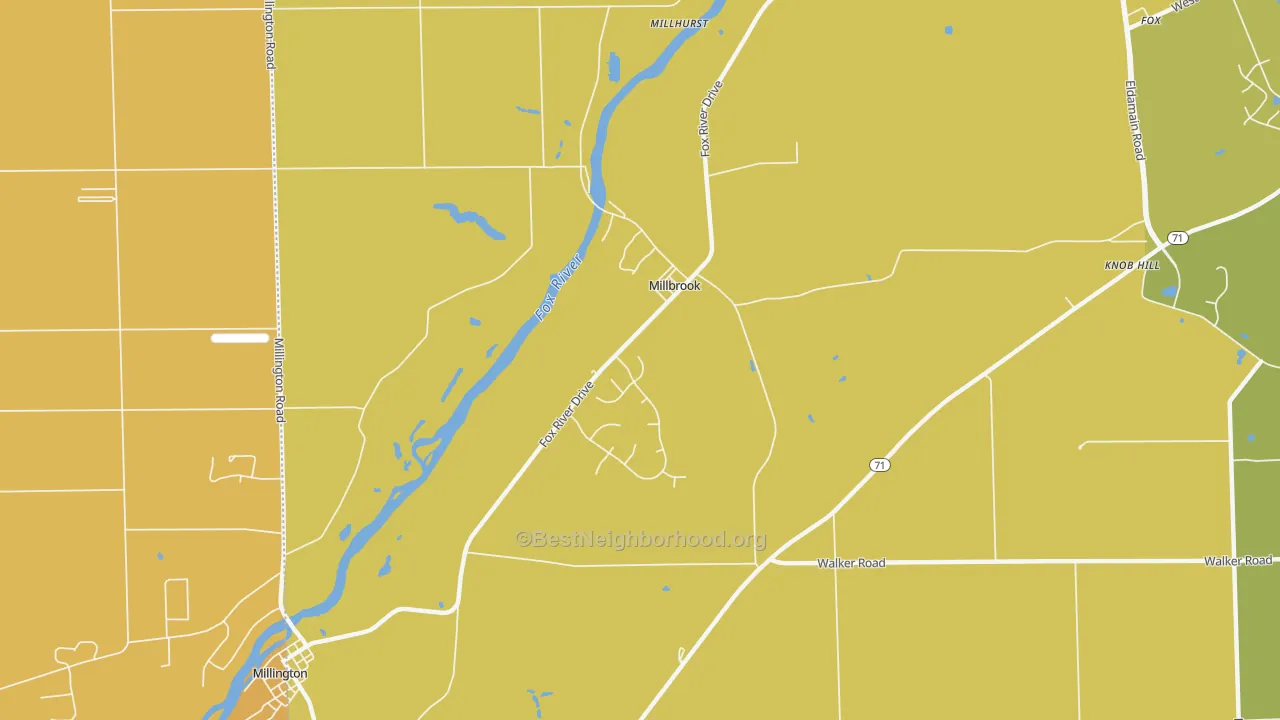 Map of the best neighborhoods in the Millbrook area, with better matches in green and worse matches in red