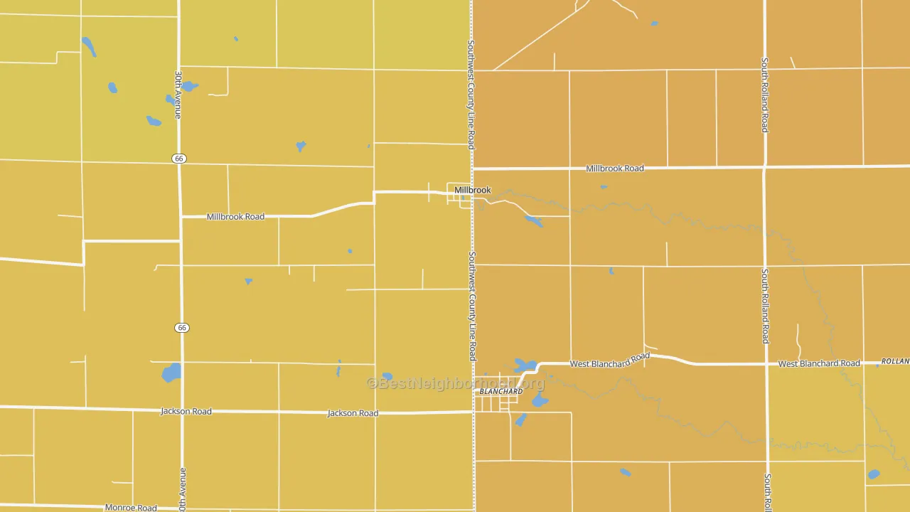 Map of the best neighborhoods in the Millbrook area, with better matches in green and worse matches in red