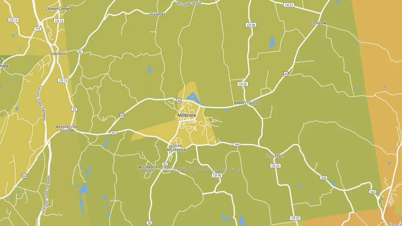 Map of the best neighborhoods in the Millbrook area, with better matches in green and worse matches in red