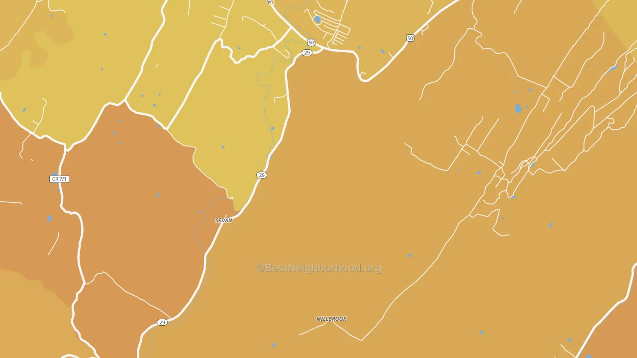 Map of the best neighborhoods in the Millbrook area, with better matches in green and worse matches in red