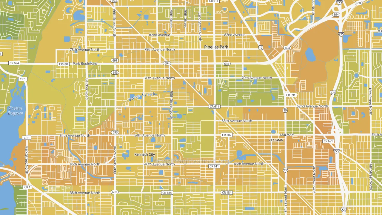 Map of the best neighborhoods in the Millbrooke Ranch, Pinellas Park area, with better matches in green and worse matches in red