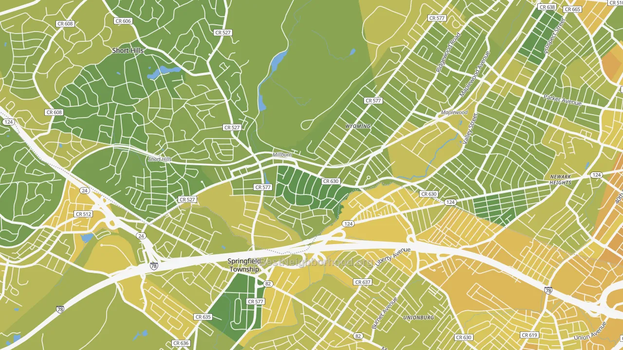 Map of the best neighborhoods in the Millburn area, with better matches in green and worse matches in red