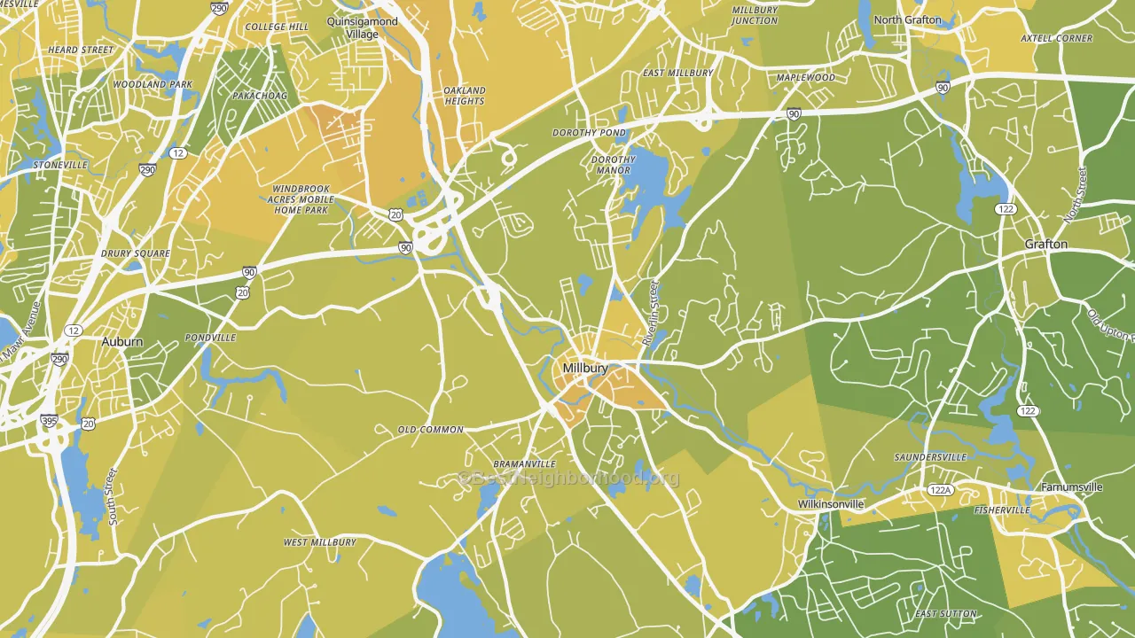 Map of the best neighborhoods in the Millbury area, with better matches in green and worse matches in red
