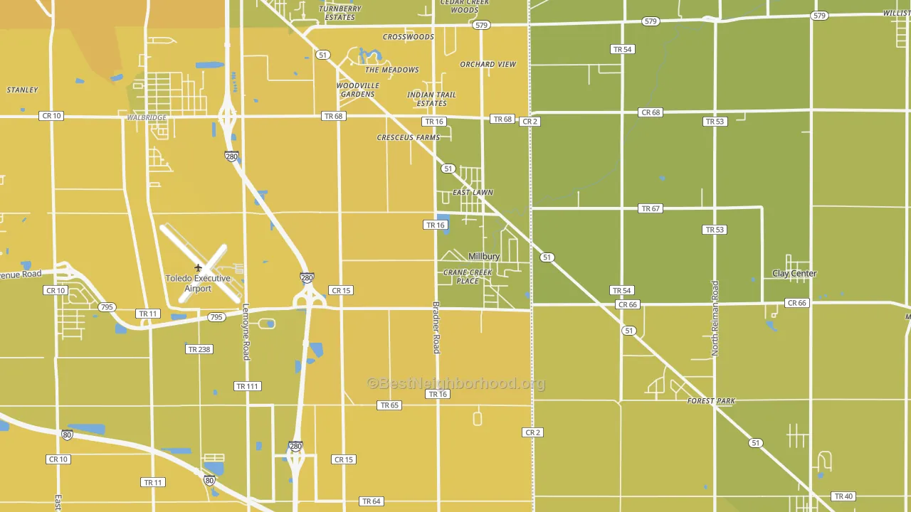 Map of the best neighborhoods in the Millbury area, with better matches in green and worse matches in red