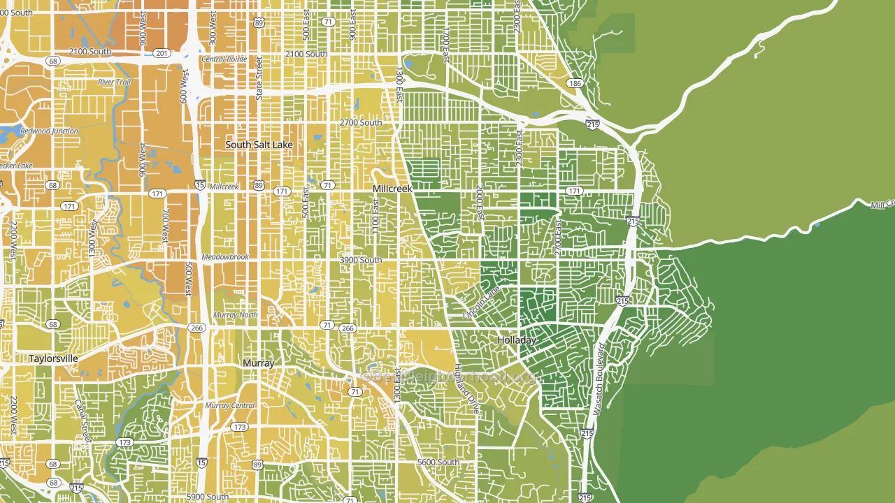 Map of the best neighborhoods in the Millcreek, Salt Lake City area, with better matches in green and worse matches in red
