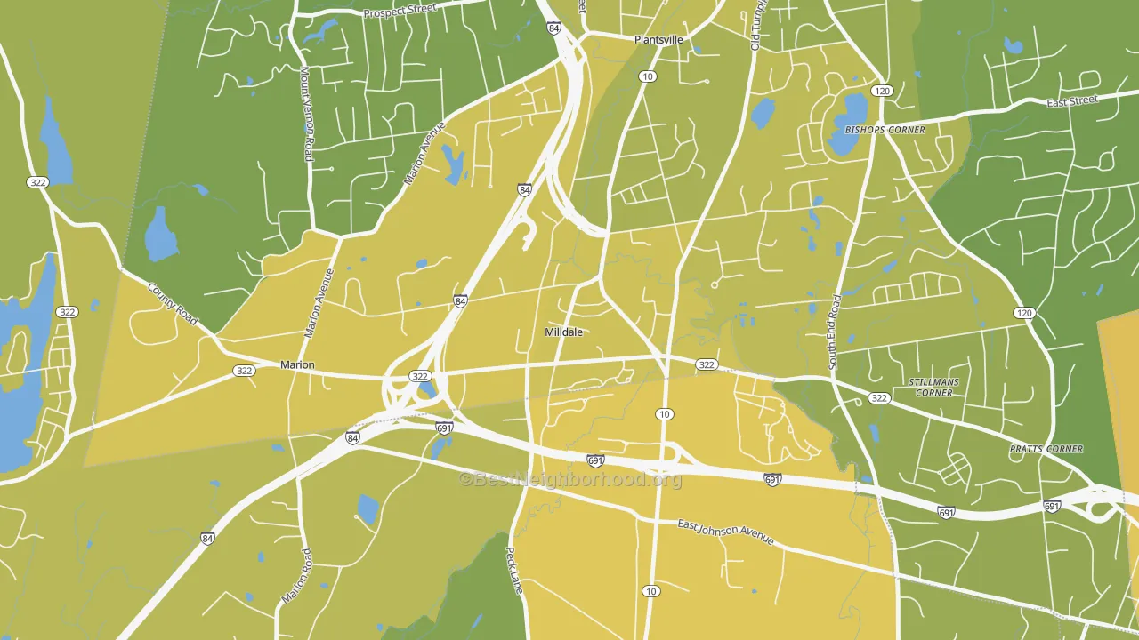 Map of the best neighborhoods in the Milldale area, with better matches in green and worse matches in red