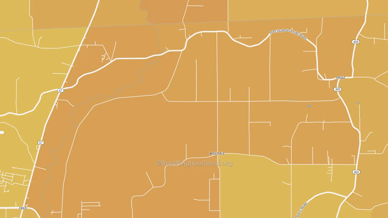 Map of the best neighborhoods in the Milldale area, with better matches in green and worse matches in red