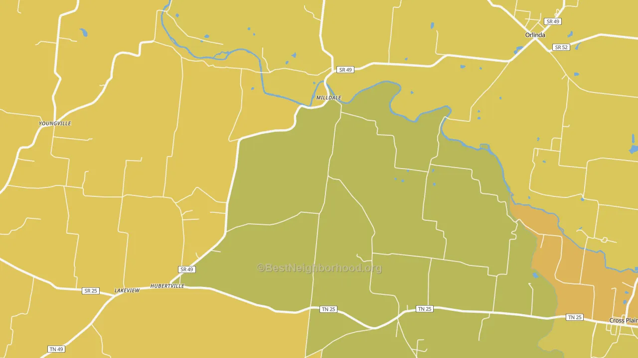 Map of the best neighborhoods in the Milldale area, with better matches in green and worse matches in red