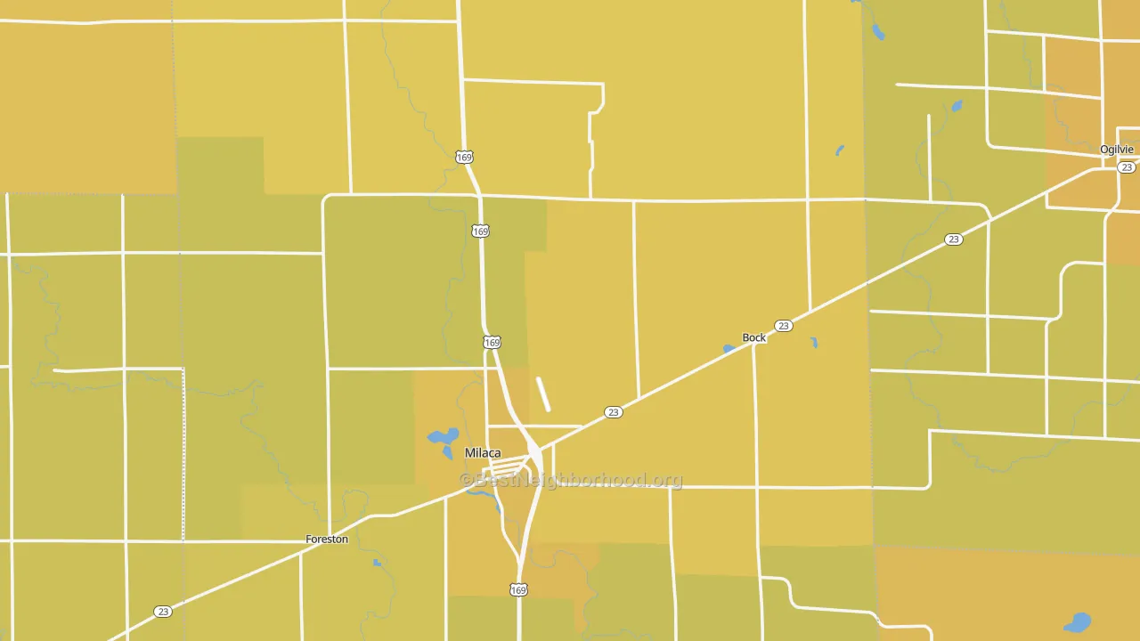 Map of the best neighborhoods in the Mille Lacs County area, with better matches in green and worse matches in red