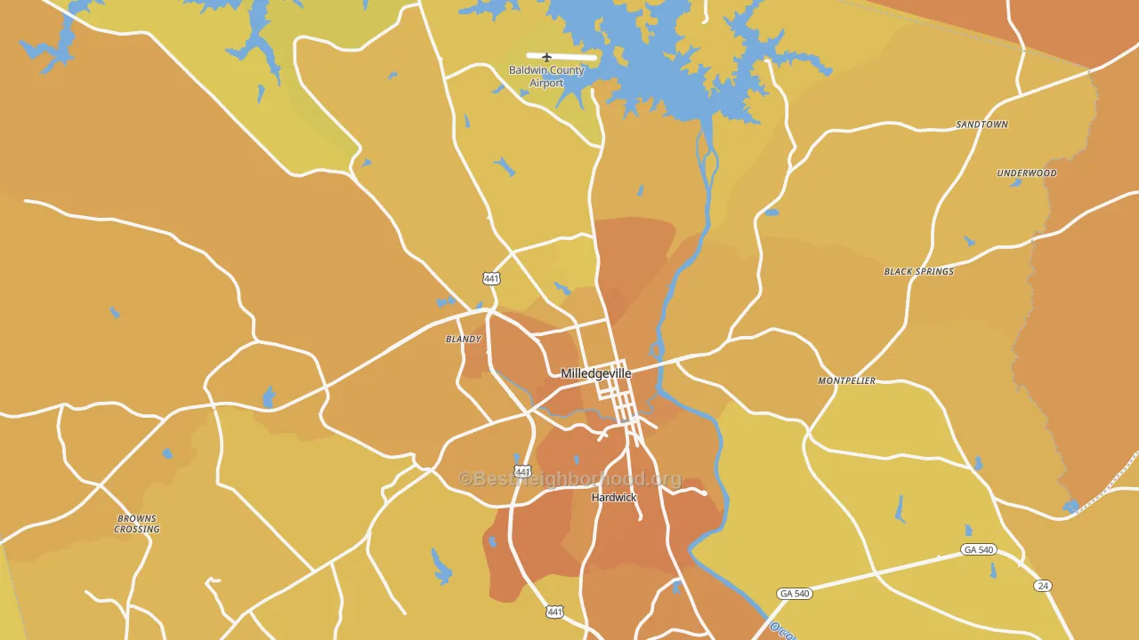 Map of the best neighborhoods in the Milledgeville area, with better matches in green and worse matches in red