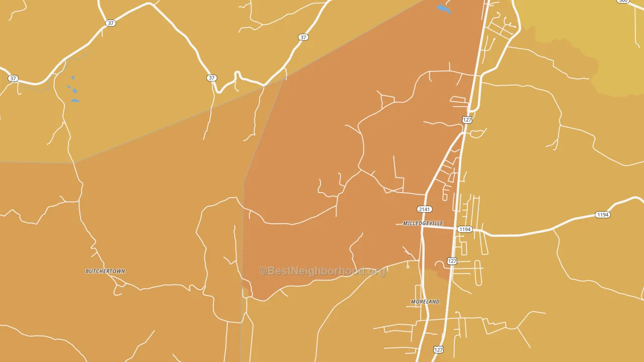Map of the best neighborhoods in the Milledgeville area, with better matches in green and worse matches in red