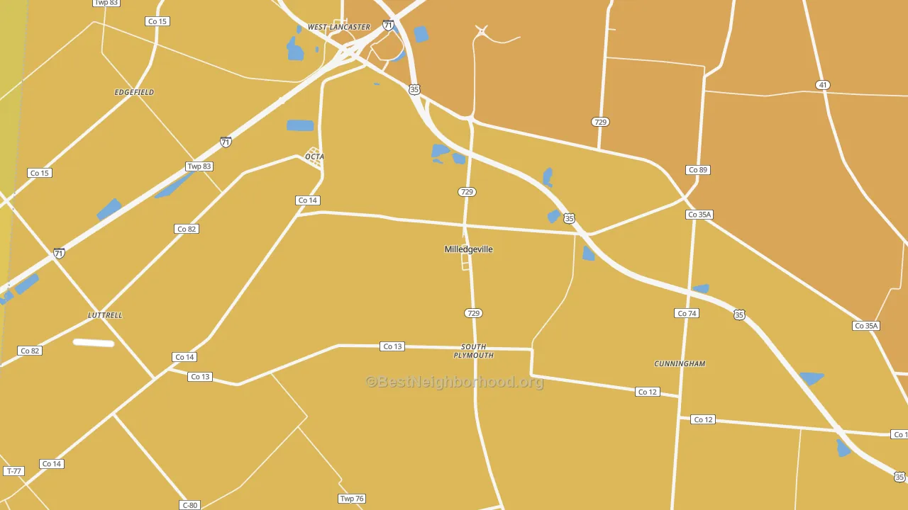 Map of the best neighborhoods in the Milledgeville area, with better matches in green and worse matches in red