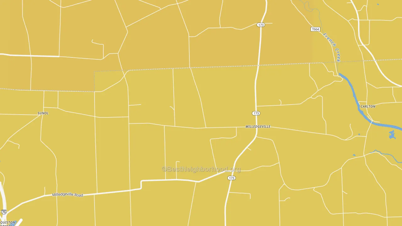 Map of the best neighborhoods in the Milledgeville area, with better matches in green and worse matches in red
