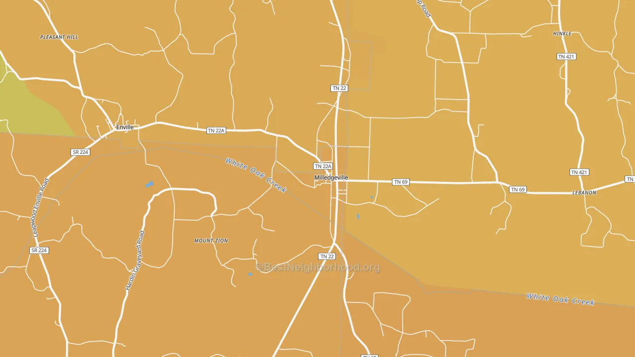 Map of the best neighborhoods in the Milledgeville area, with better matches in green and worse matches in red