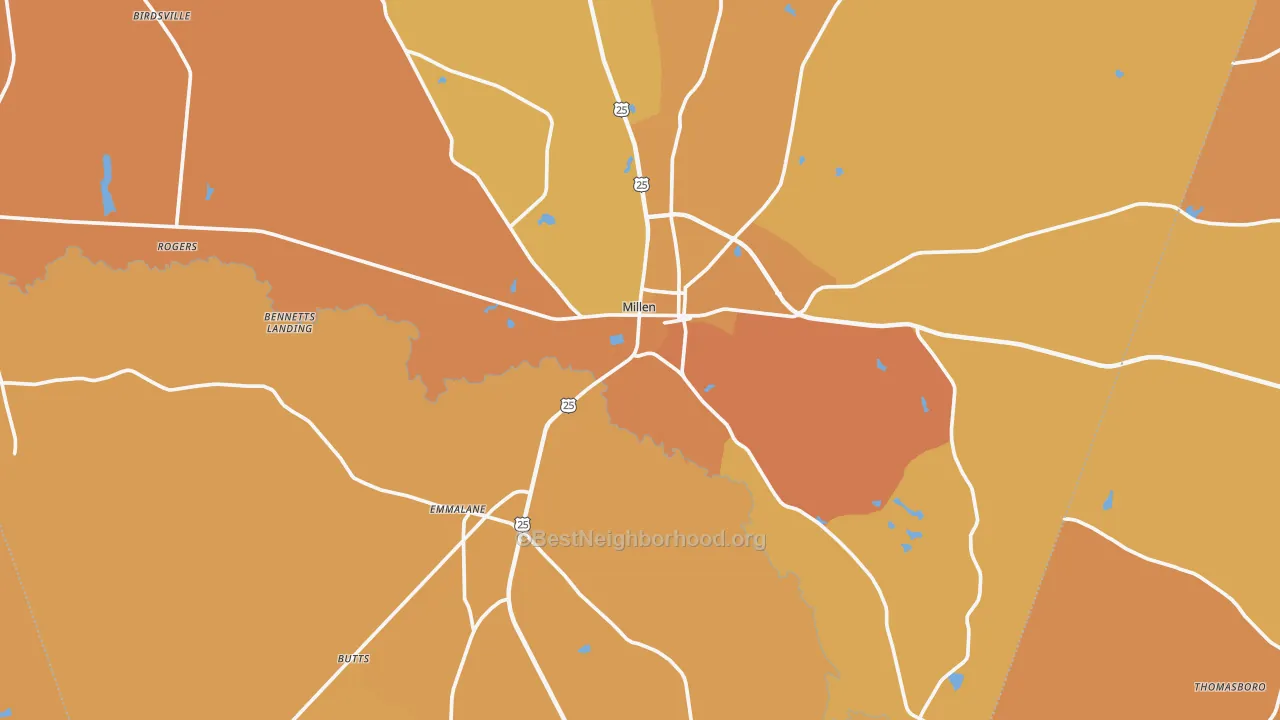 Map of the best neighborhoods in the Millen area, with better matches in green and worse matches in red