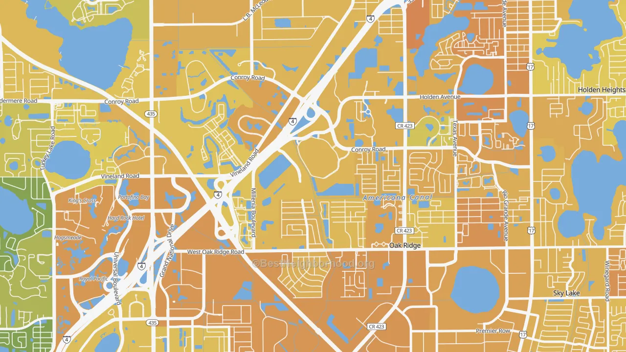 Map of the best neighborhoods in the Millenia, Orlando area, with better matches in green and worse matches in red