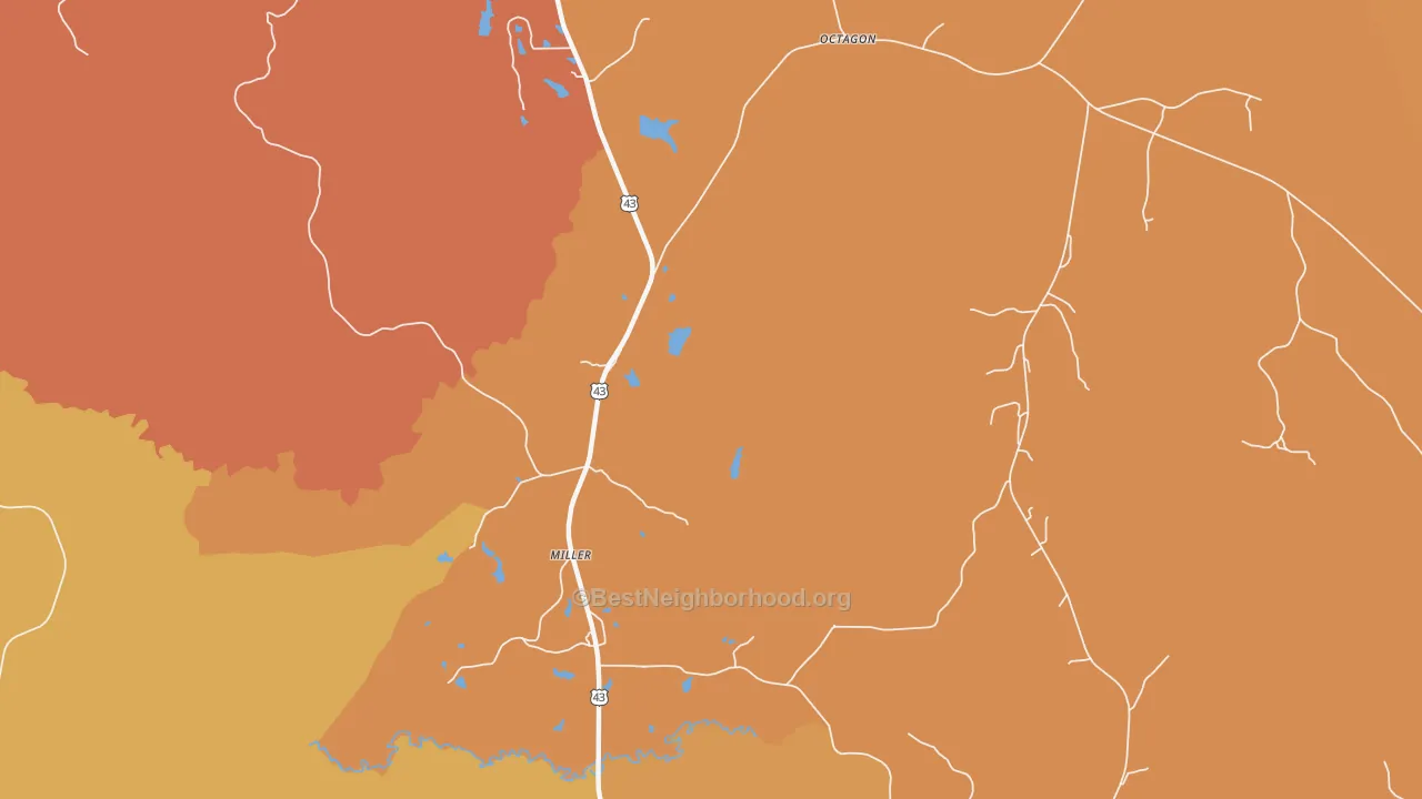 Map of the best neighborhoods in the Miller area, with better matches in green and worse matches in red