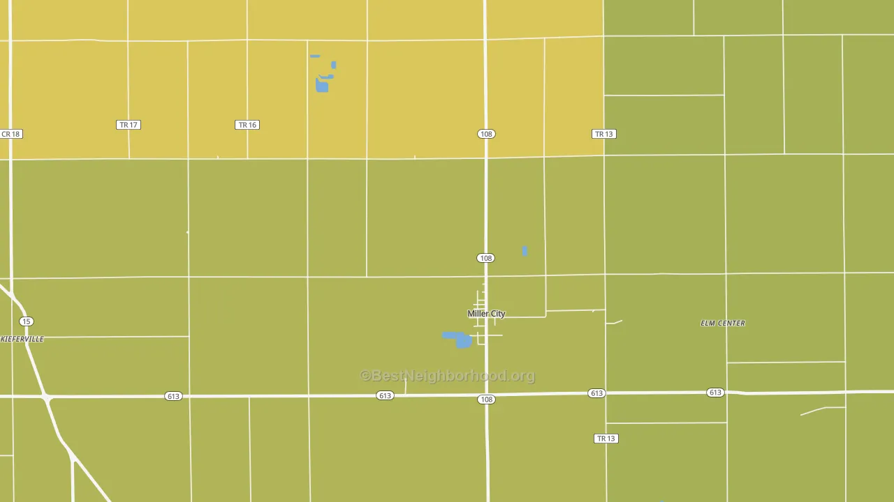 Map of the best neighborhoods in the Miller City area, with better matches in green and worse matches in red