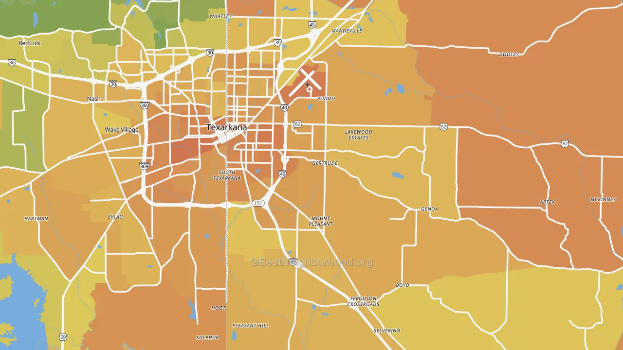Map of the best neighborhoods in the Miller County area, with better matches in green and worse matches in red