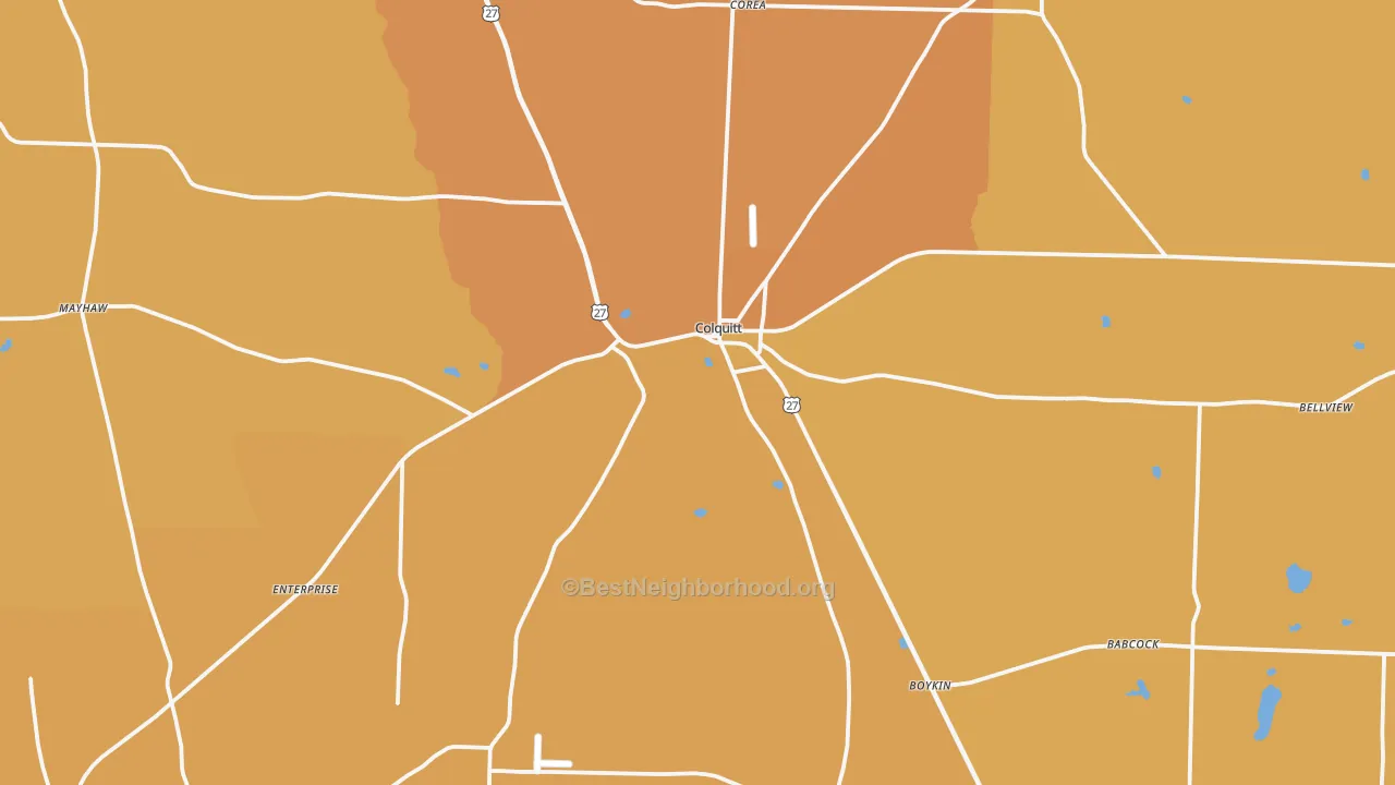 Map of the best neighborhoods in the Miller County area, with better matches in green and worse matches in red