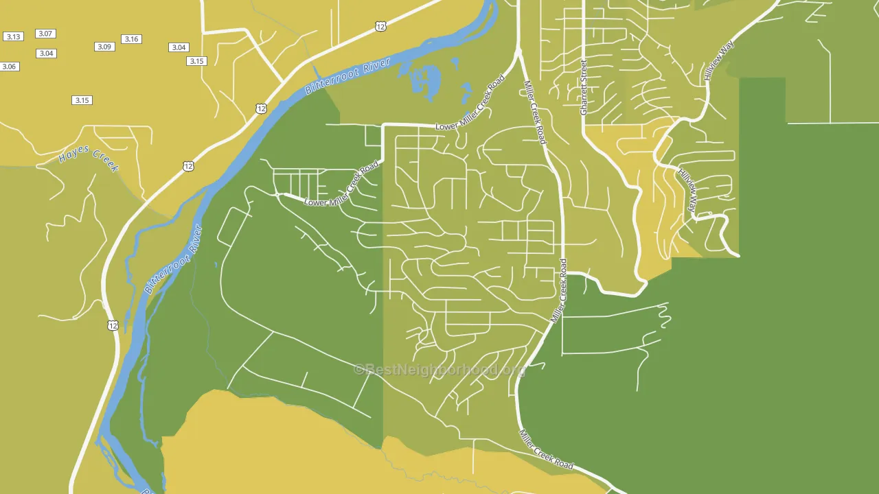 Map of the best neighborhoods in the Miller Creek, Missoula area, with better matches in green and worse matches in red