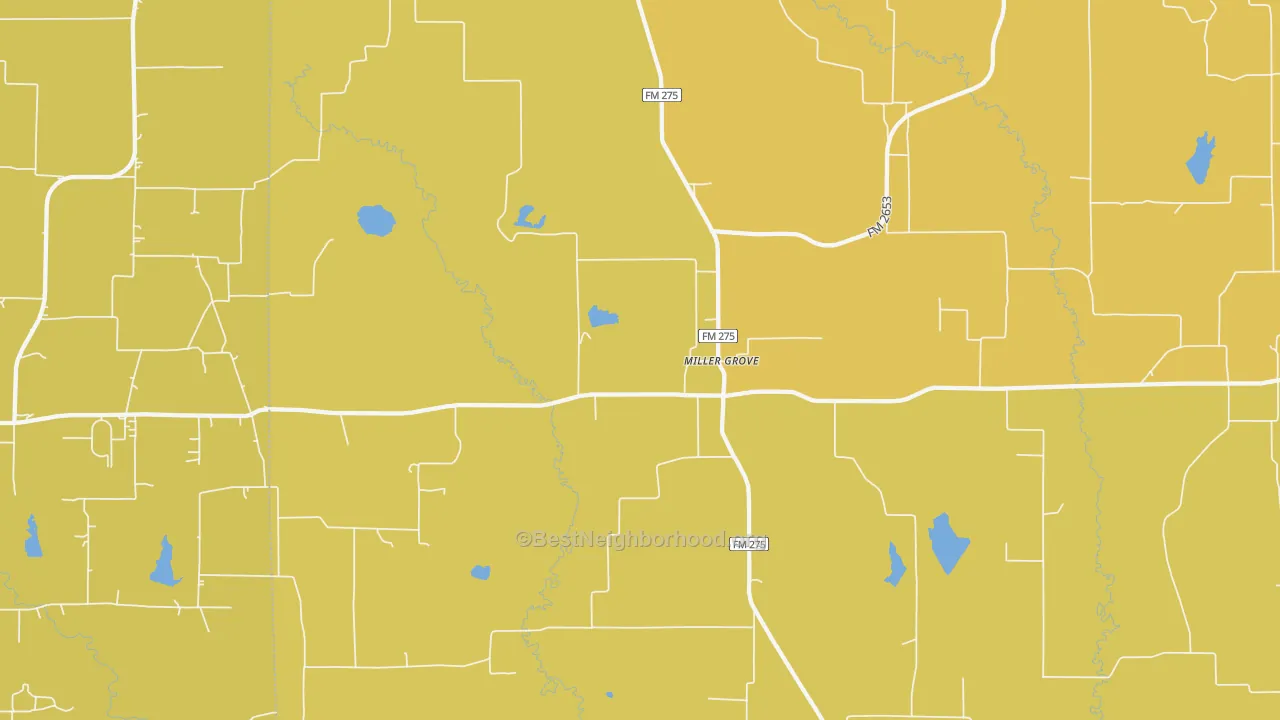 Map of the best neighborhoods in the Miller Grove area, with better matches in green and worse matches in red