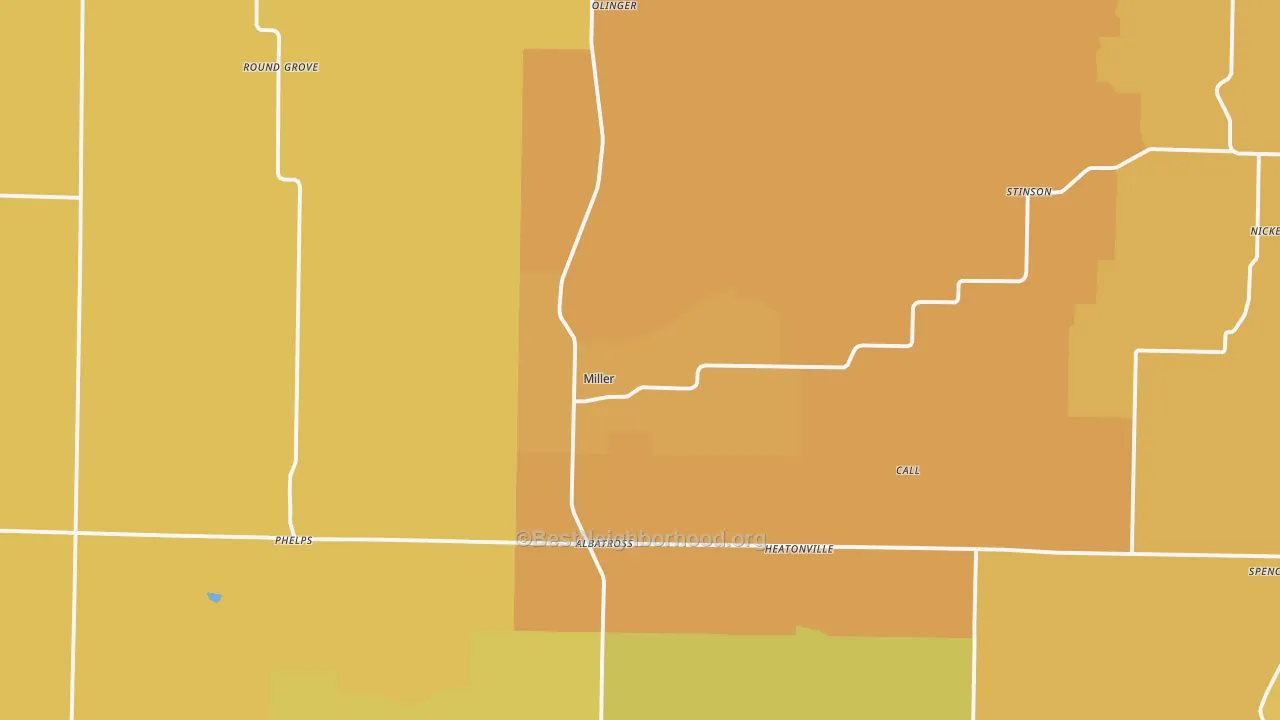 Map of the best neighborhoods in the Miller area, with better matches in green and worse matches in red