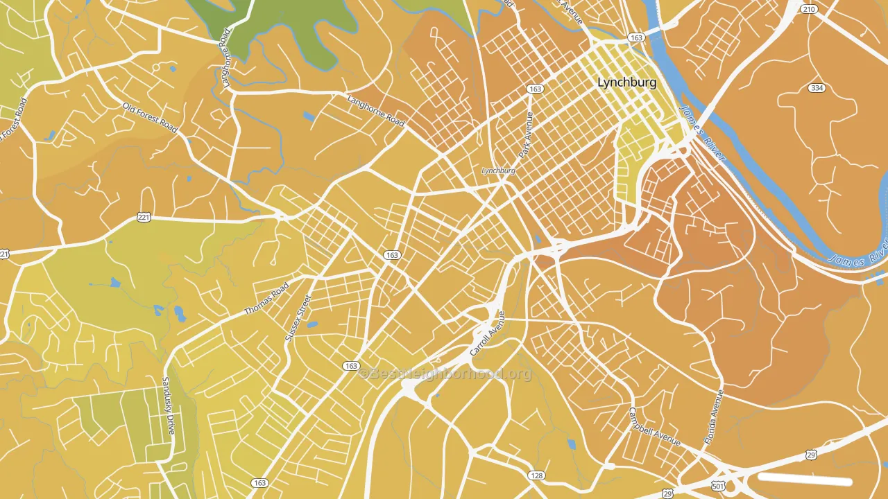 Map of the best neighborhoods in the Miller Park, Lynchburg area, with better matches in green and worse matches in red