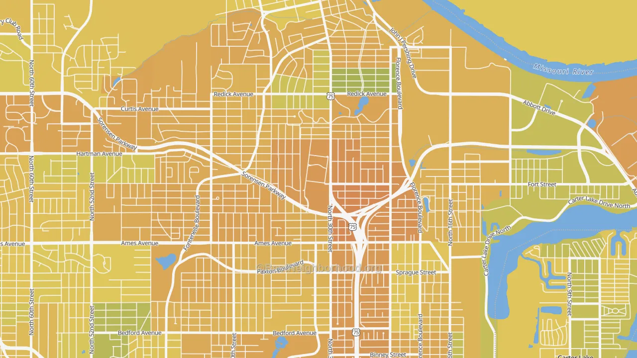 Map of the best neighborhoods in the Miller Park Minne Lusa Area, Omaha area, with better matches in green and worse matches in red