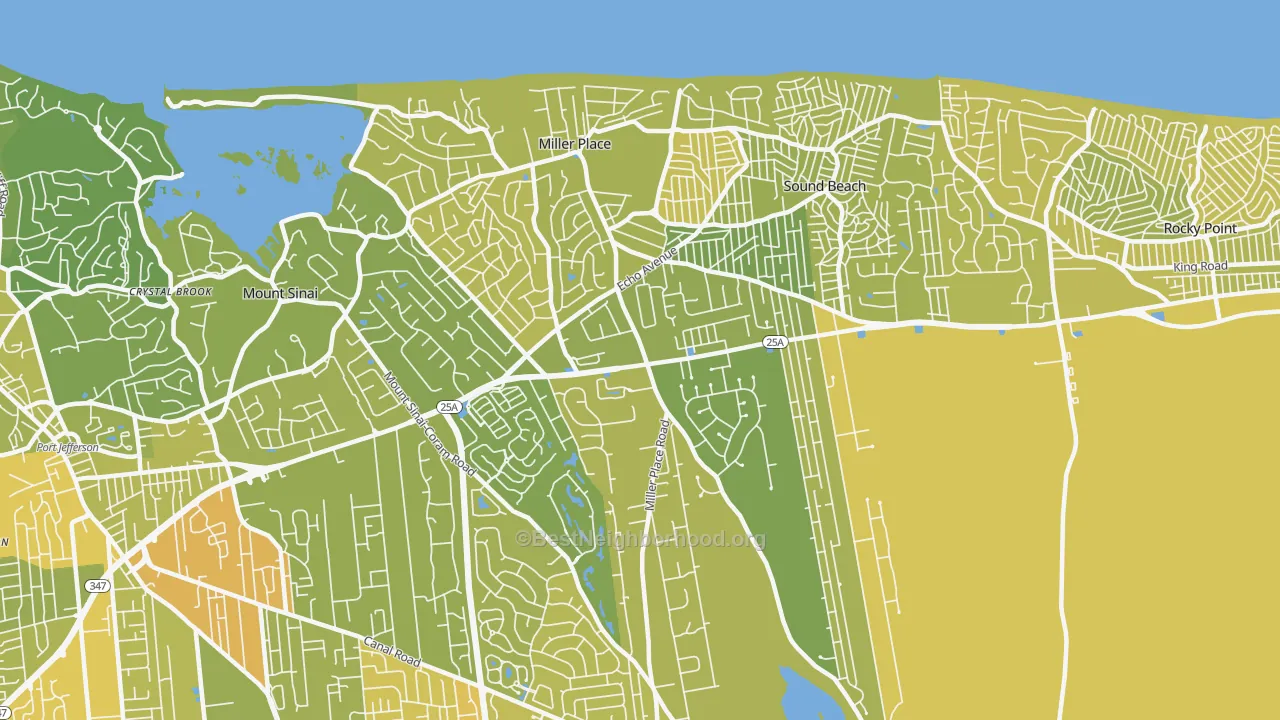 Map of the best neighborhoods in the Miller Place area, with better matches in green and worse matches in red