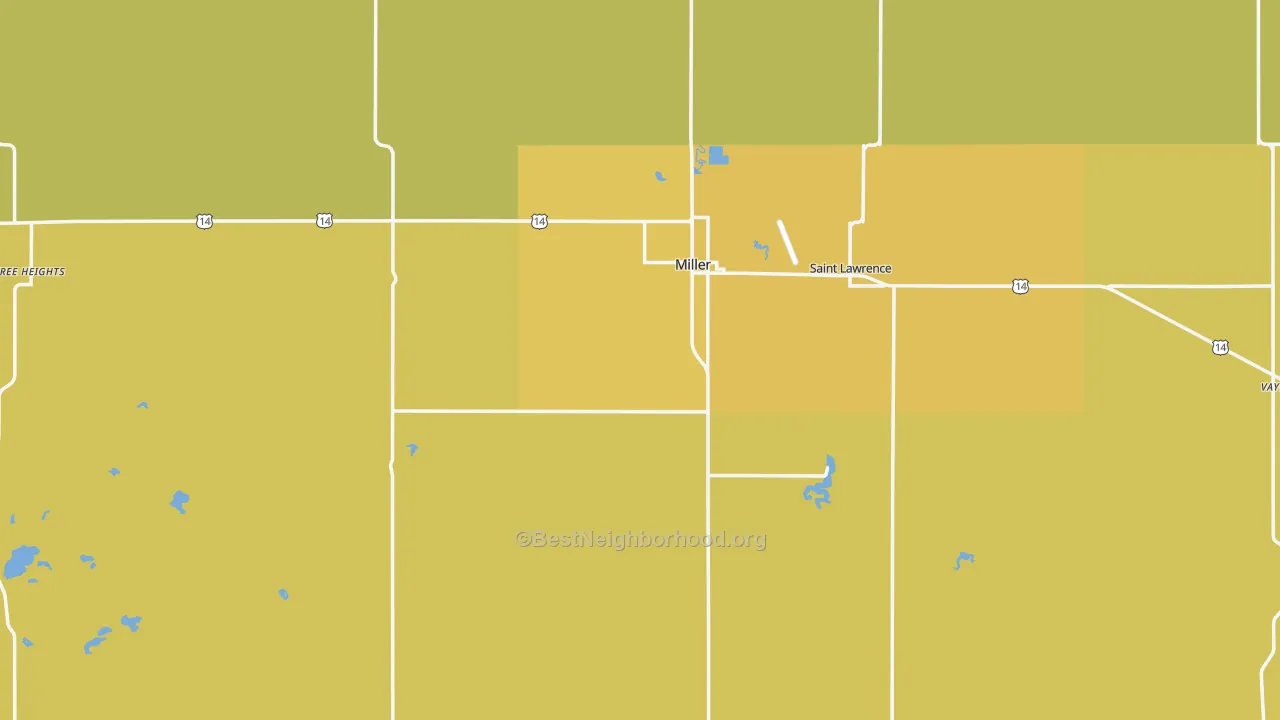 Map of the best neighborhoods in the Miller area, with better matches in green and worse matches in red