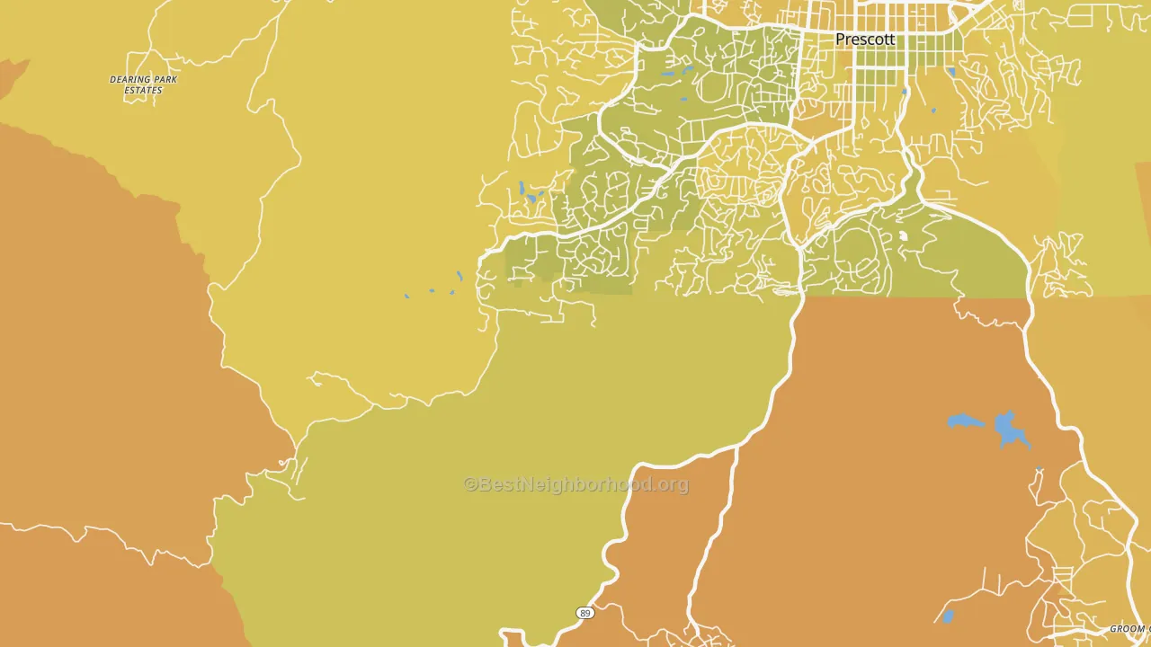 Map of the best neighborhoods in the Miller Valley area, with better matches in green and worse matches in red