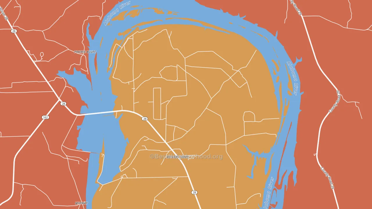 Map of the best neighborhoods in the Millers Ferry area, with better matches in green and worse matches in red