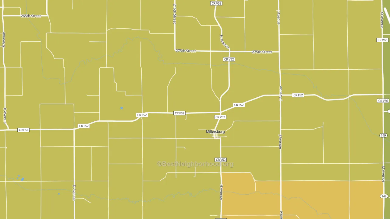 Map of the best neighborhoods in the Millersburg area, with better matches in green and worse matches in red