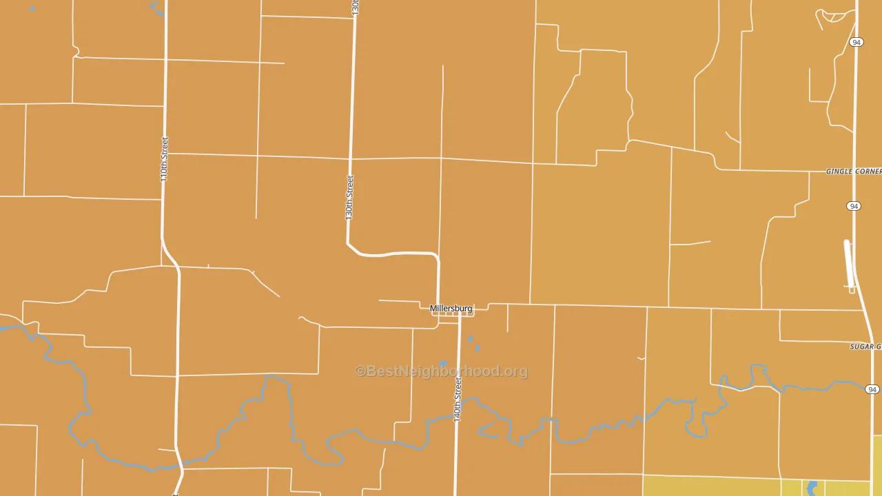 Map of the best neighborhoods in the Millersburg area, with better matches in green and worse matches in red