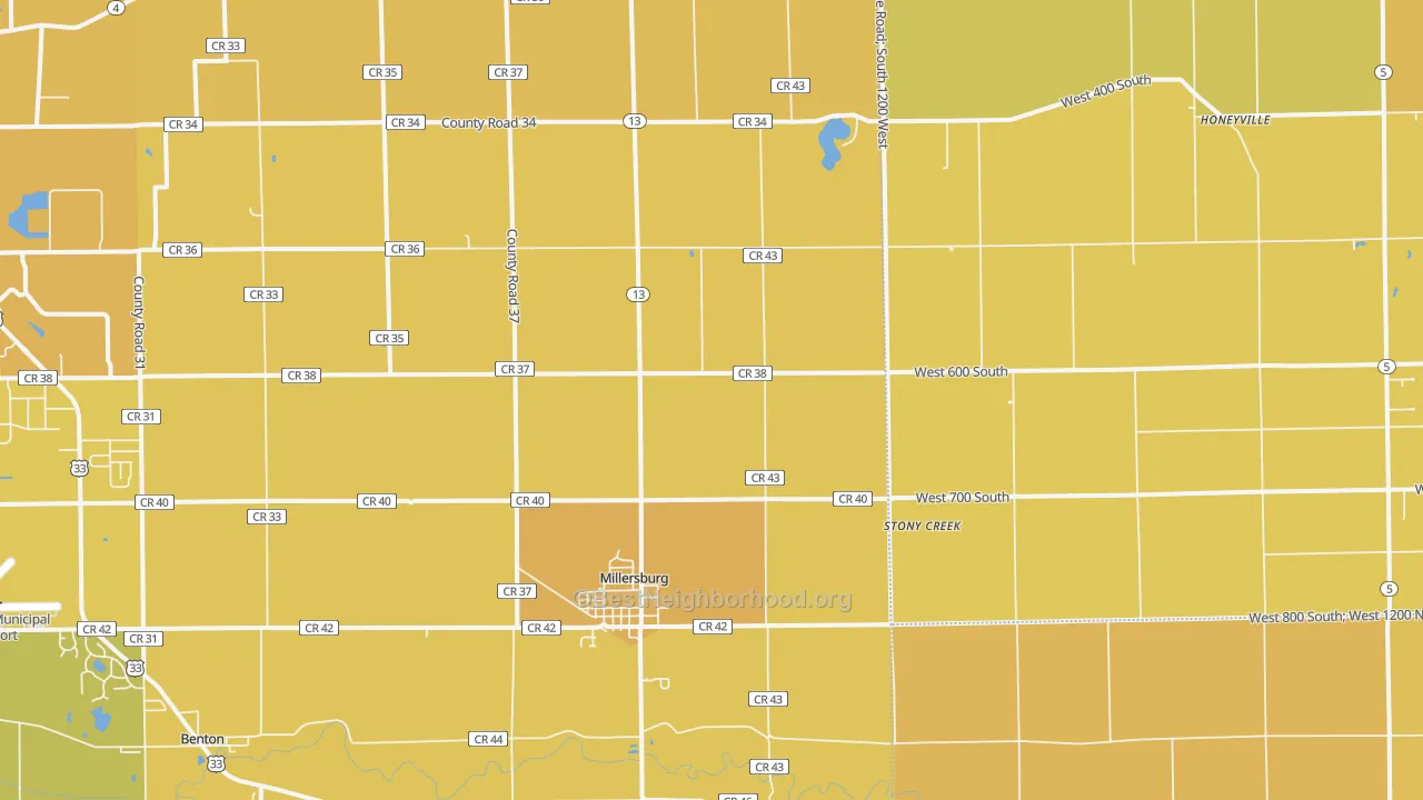 Map of the best neighborhoods in the Millersburg area, with better matches in green and worse matches in red
