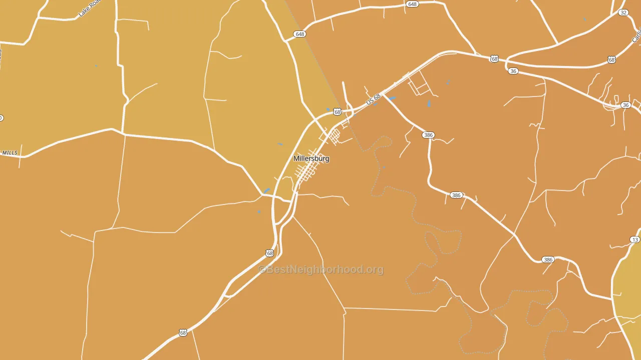 Map of the best neighborhoods in the Millersburg area, with better matches in green and worse matches in red