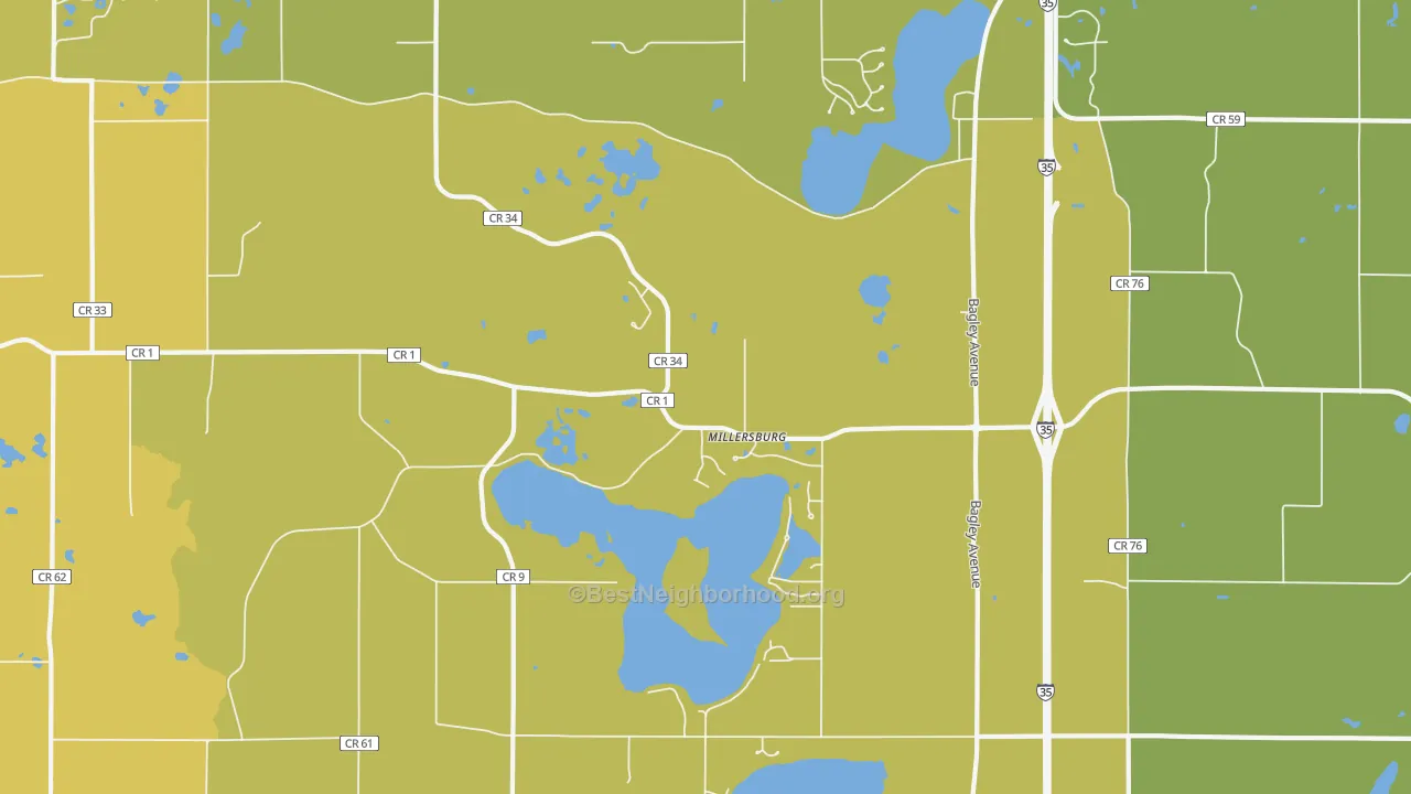 Map of the best neighborhoods in the Millersburg area, with better matches in green and worse matches in red