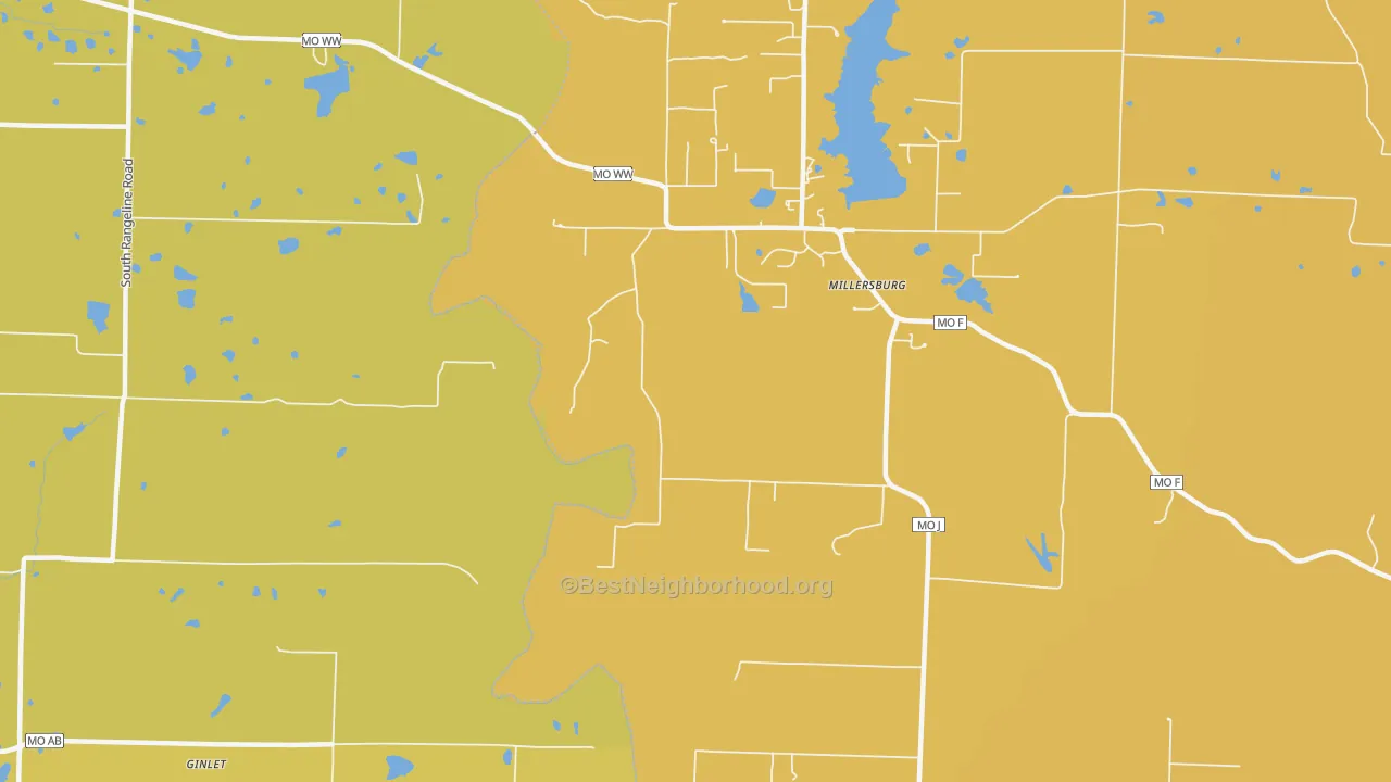 Map of the best neighborhoods in the Millersburg area, with better matches in green and worse matches in red