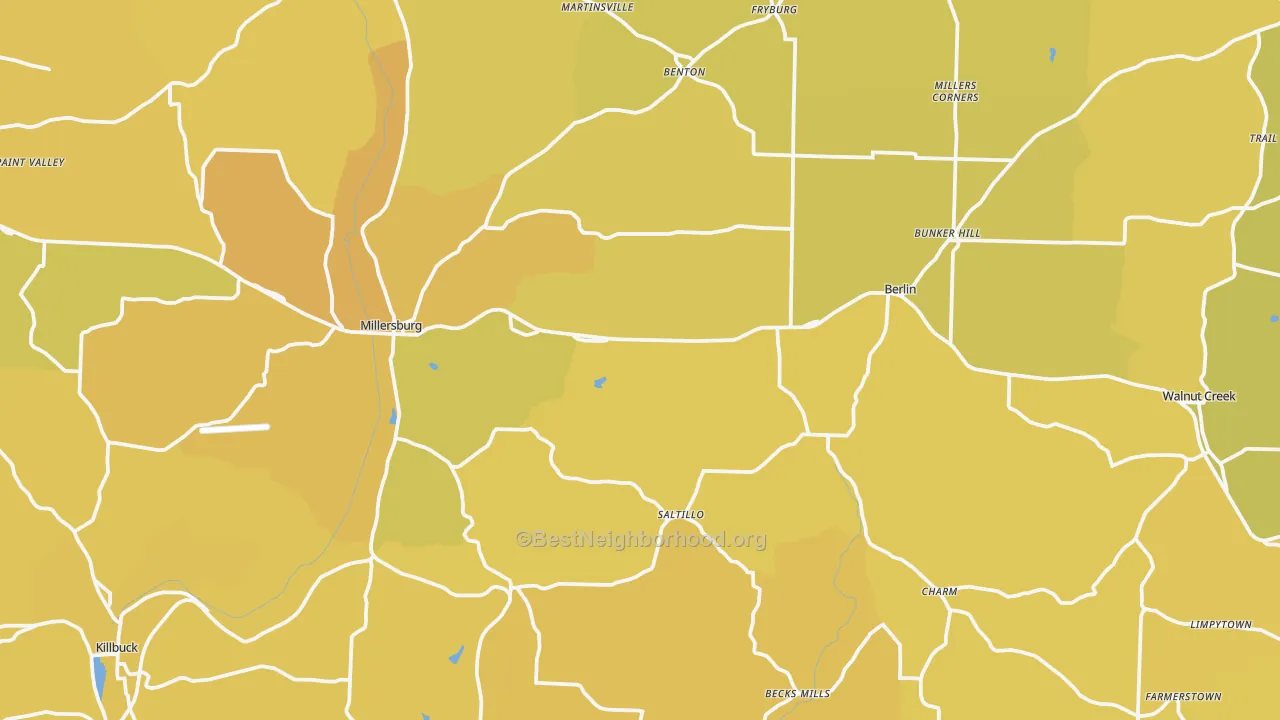 Map of the best neighborhoods in the Millersburg area, with better matches in green and worse matches in red