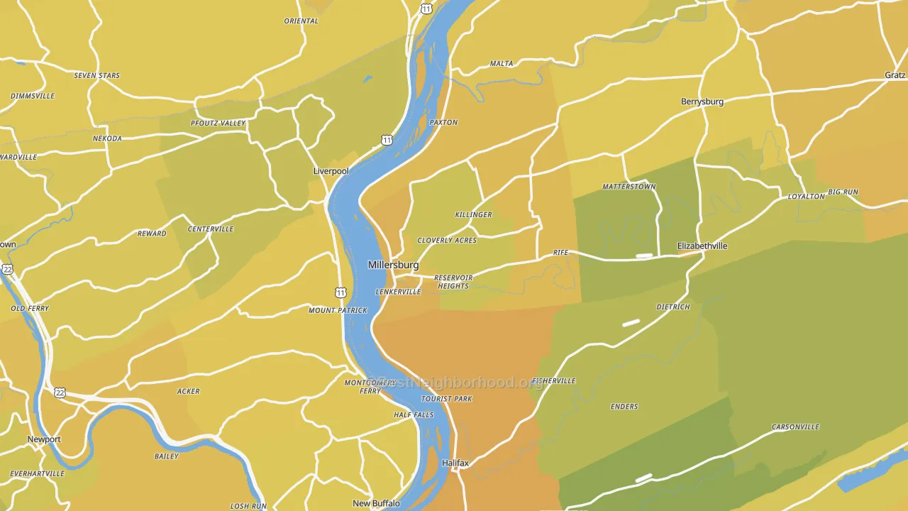 Map of the best neighborhoods in the Millersburg area, with better matches in green and worse matches in red