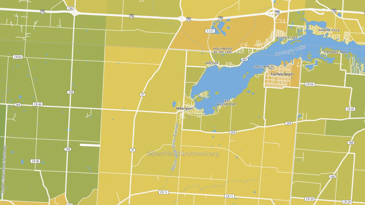 Map of the best neighborhoods in the Millersport area, with better matches in green and worse matches in red