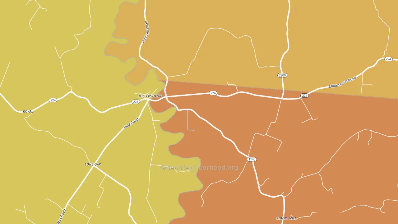 Map of the best neighborhoods in the Millerstown area, with better matches in green and worse matches in red