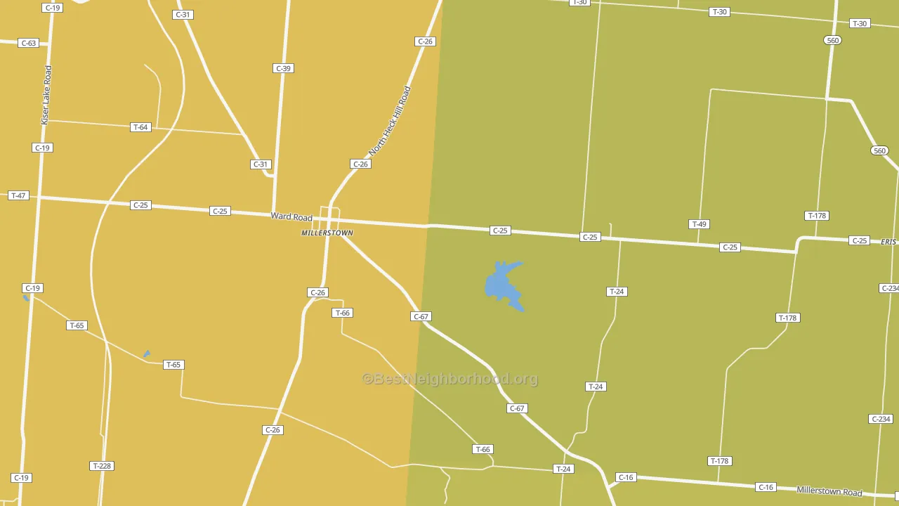 Map of the best neighborhoods in the Millerstown area, with better matches in green and worse matches in red