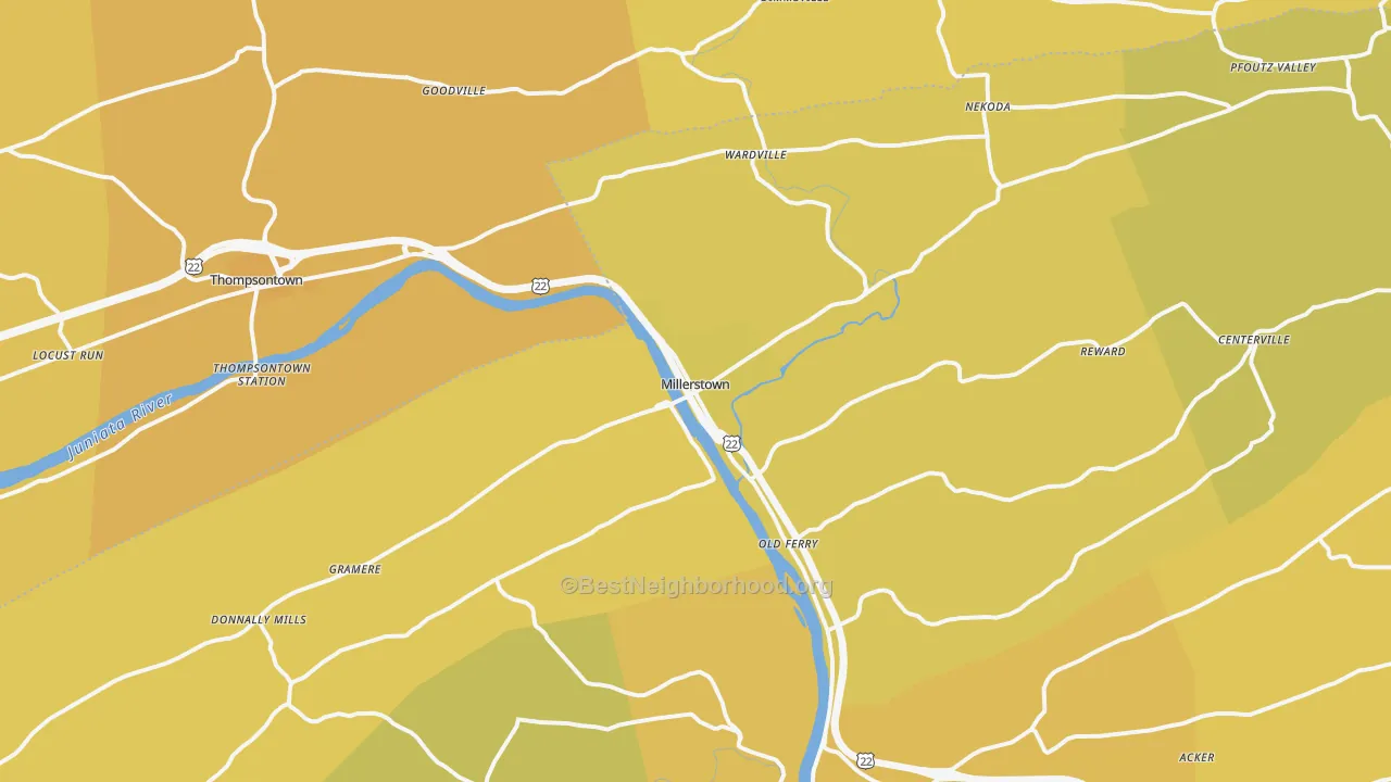Map of the best neighborhoods in the Millerstown area, with better matches in green and worse matches in red