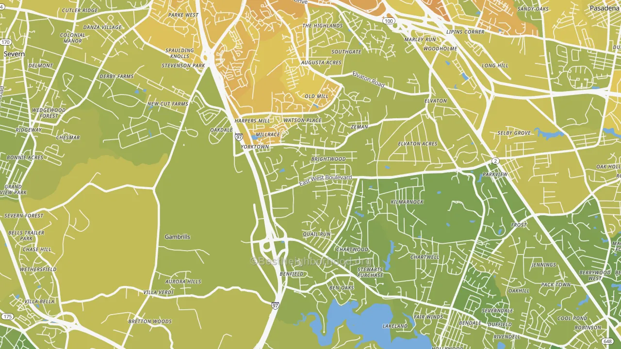 Map of the best neighborhoods in the Millersville area, with better matches in green and worse matches in red